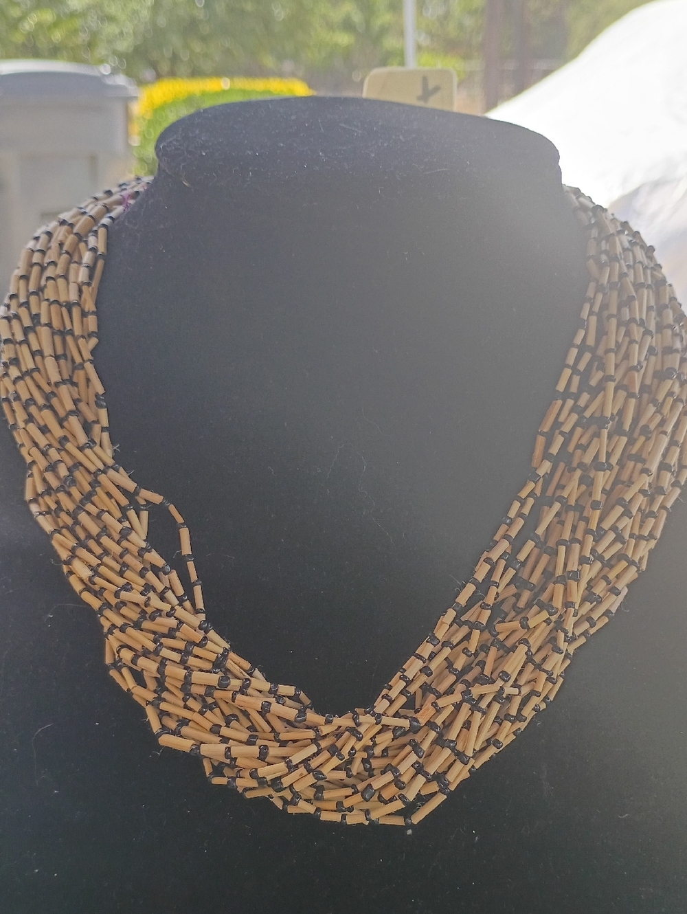 Handcrafted Multistrand Beige and Black Seed Bead Necklace - Women Jewelry
